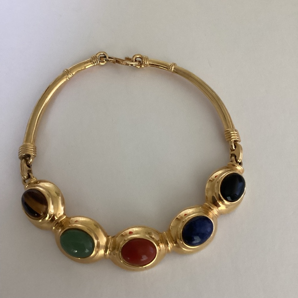 Alexis Kirk Necklace Gold Tone Collar Stone Choker Egyptian Signed Cabochon